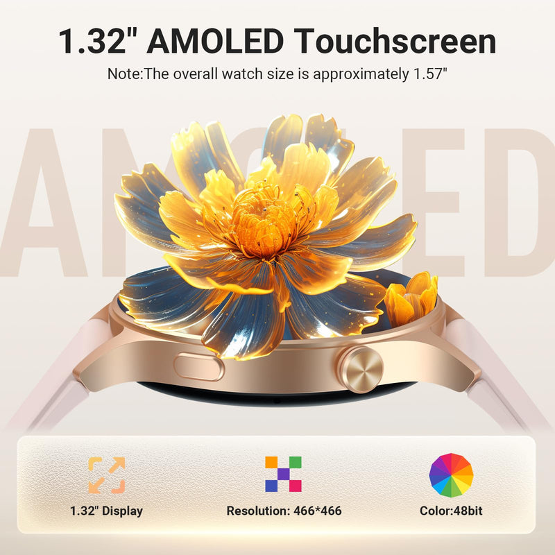 Fitpolo Smart Watch for Women,1.3" AMOLED Touchscreen Fitness Tracker, Make/Answer Calls, Heart Rate SpO2 Monitor, 3ATM Waterproof, Sleep & Activity Tracking Smartwatch for Android Phones iPhone Rose Gold