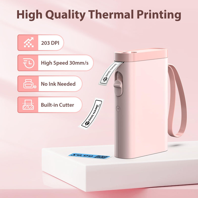 P21 Label Maker Machine with Tape, Bluetooth Label Printer Thermal Mini Label Makers with Built-in Cutter and Multiple Templates, Portable Printers for School, Office, Home Use - Pink
