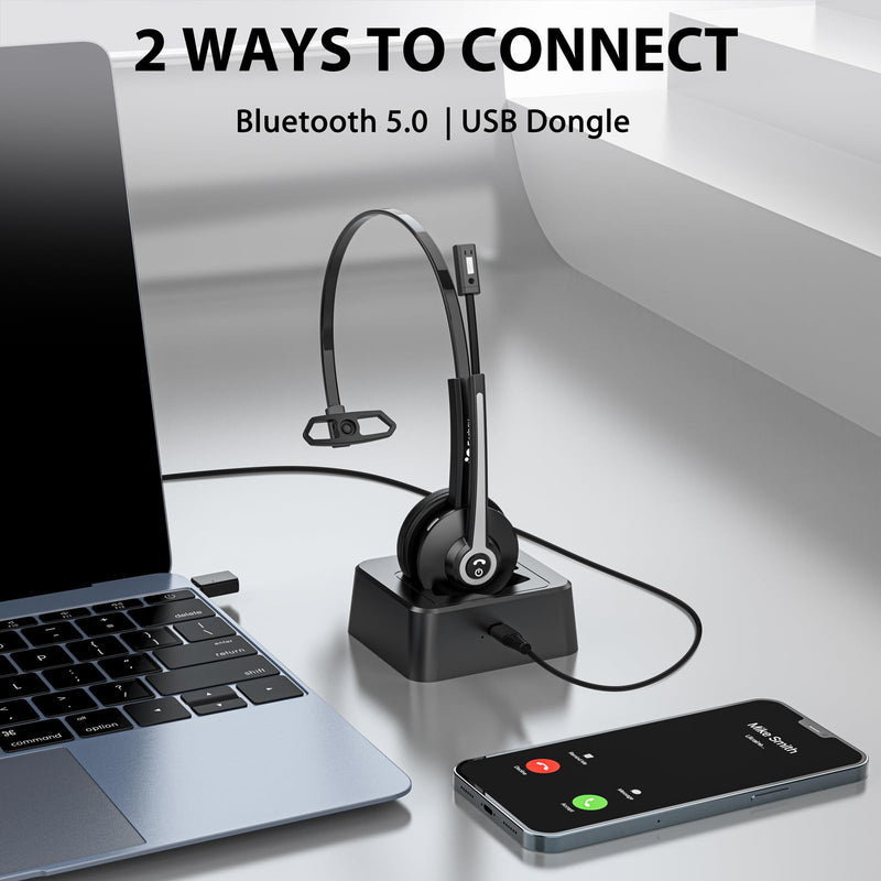 [AUSTRALIA] - Earbay Trucker Bluetooth Headset, Wireless Headphones with Microphone Mute & USB Dongle, Wireless Headset with Mic for Work Noise Canceling & Charing Base for Work/PC Computer/Phones/Office/Meeting Black 