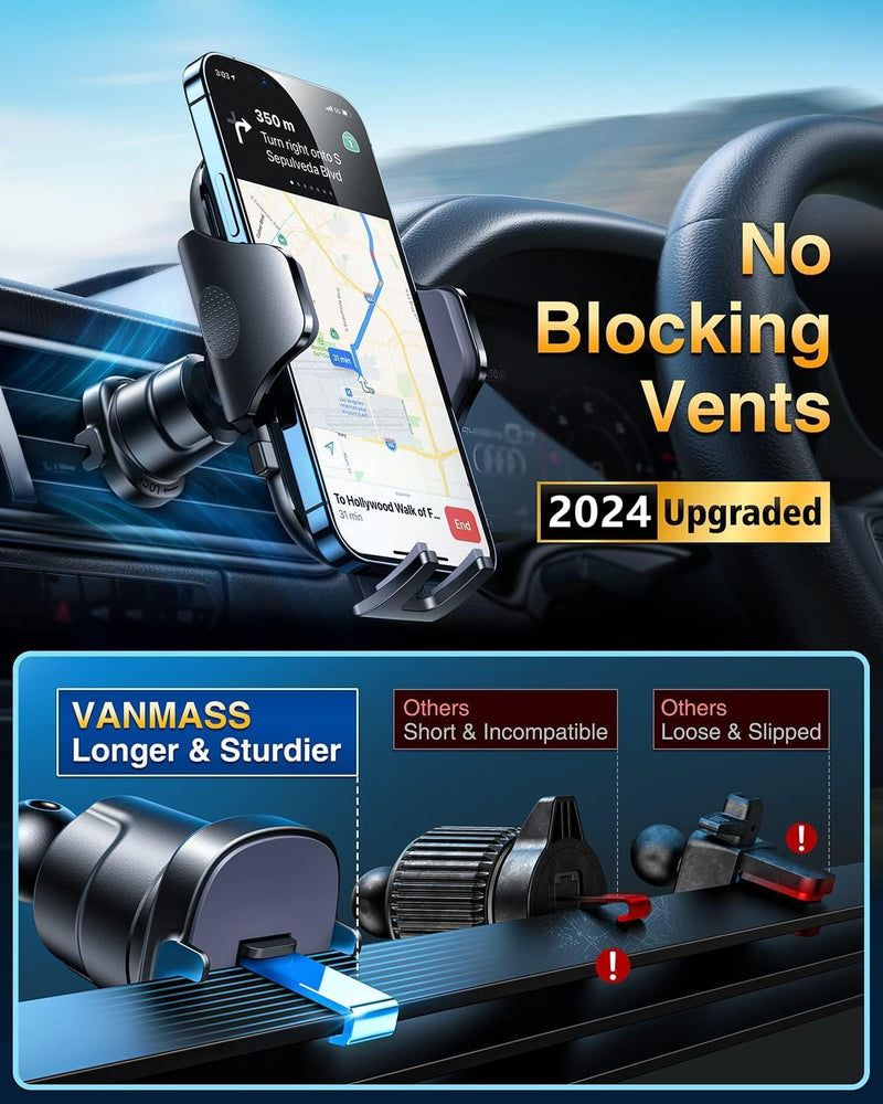 [True Military-Grade] Car Phone Holder VANMASS [2024 Strongest Suction & Clip] Cell Phone Mount for Dashboard Windshield Vent Truck Accessories Cradle Dash Stand for iPhone 15 Pro Max 14 13 12 Android Black