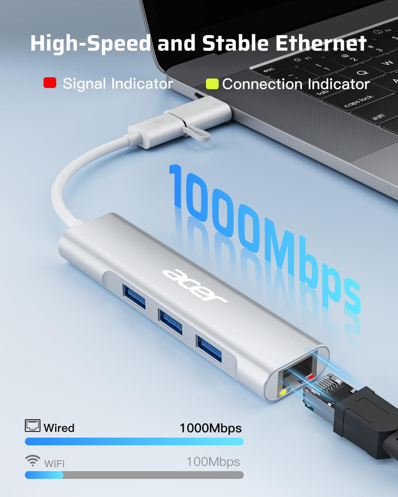 Acer USB C to Ethernet Adapter, 4-in-1 USB-A/C Hub with 3 USB-A 3.1 & 1Gbps RJ45 Networks, USB-C to LAN Adapter for MacBook Pro Air, Surface, Chromebook, Acer, Laptop, and More USB A+C