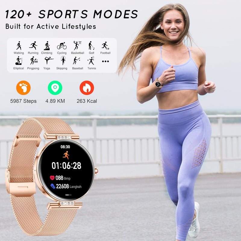 Smart Watch for Women for Android iPhone 3 Band 1.19” Small AMOLED 2000 Nit | Fitness Tracker Bluetooth Call/Heart Rate/SpO2/Sleep Monitor, DIY Dial, 120+ Sports Modes IP68 Waterproof, Rose Gold 1-Rose Gold
