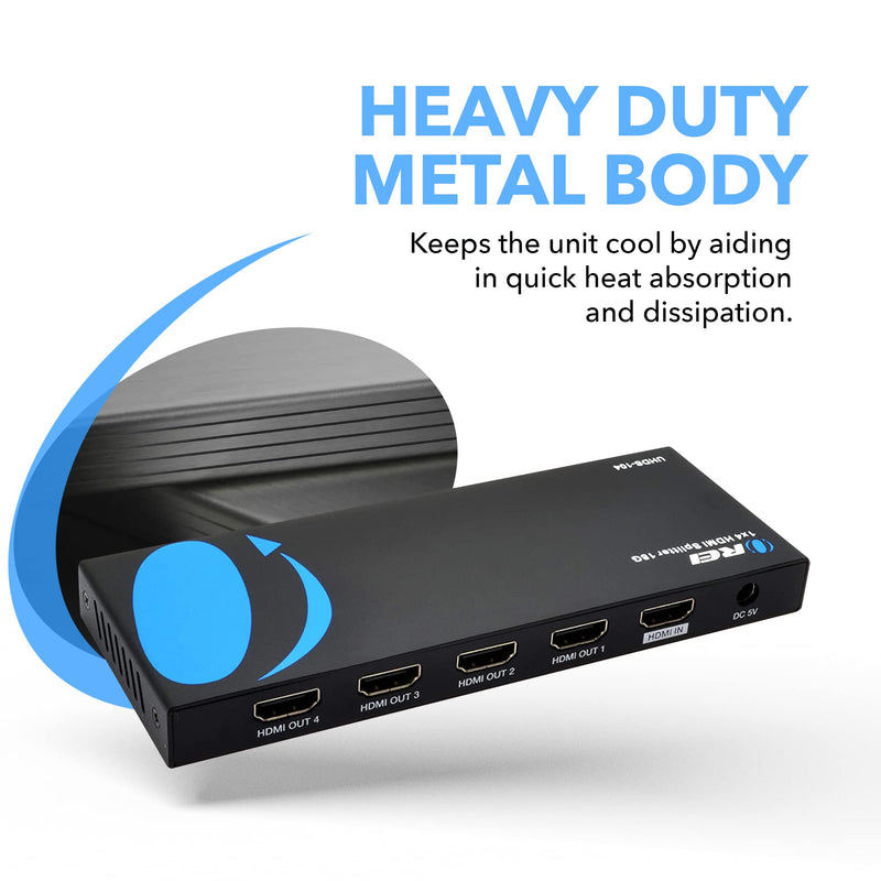 OREI UltraHD 4K @ 60 Hz 1 X 4 HDMI Splitter 1 in 4 Out 4 Port 4: 8-Bit - HDMI 2.0, HDCP 2.0, 18 Gbps, EDID, Duplicate / Mirror 4K Screens - UHDS-104 1x4