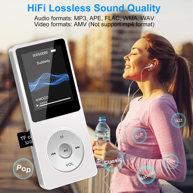 [AUSTRALIA] - Aigital MP3 Player with Bluetooth and 32GB TF Card, HiFi Music Player with Built-in Speaker and Earphones, Multifunctional MP3 Players with FM/Recording/E-Book/Video,Silver White 