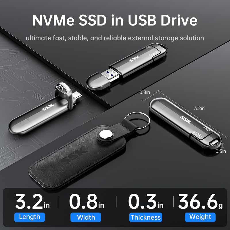 SSK USB SSD External 512GB, 1000MB/s Solid State Drives No Speed Drop, USB A + USB C 3.2 Gen 2 Portable SSD Photo Stickfor iPhone 15/Pro, Windows, Mac, Android Phones…