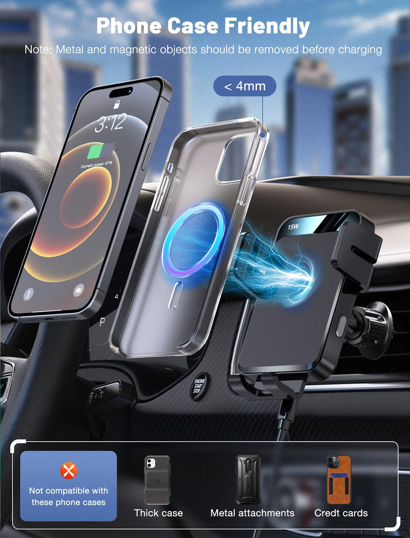 Wireless Car Charger, MOKPR Auto-Clamping Car Mount 15W/10W/7.5W Fast Charging Air Vent Car Phone Mount Compatible with iPhone 15/14/13/13 Pro/12 Pro Max/12 pro/12/11/10 Series, Samsung Galaxy Series | Car Phone Holder Compatible for iPhone 17/16/15/14...