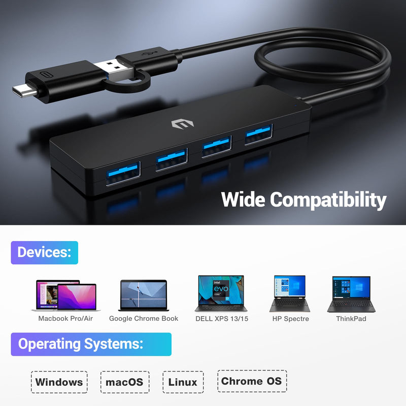 USB Hub, Instant Plug and Play 4-Port USB 3.0 Hub, Equipped with a 4 Port USB 3.0 Hub Delivering 5Gbps Transfer Speed and a USB to USB C Adapter, Compatible with Mac Air/Pro, HP, and More