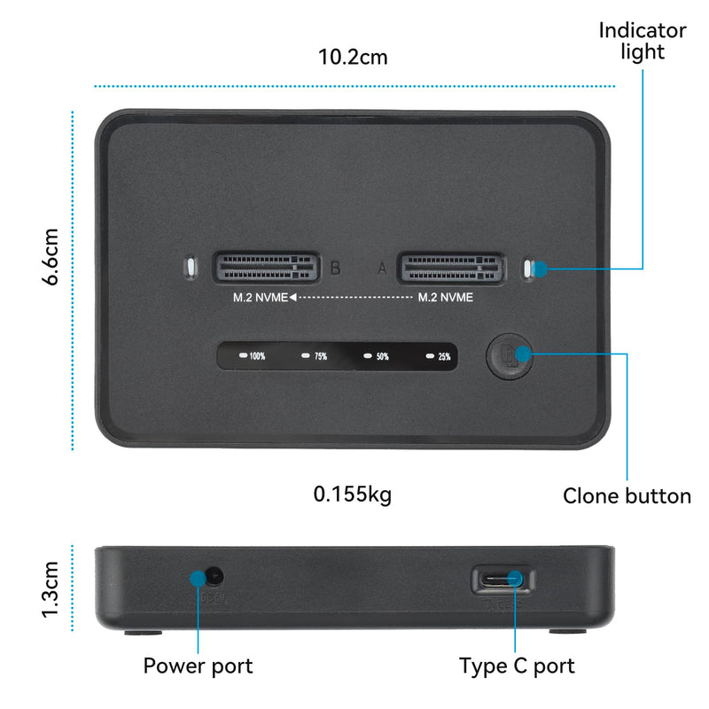 ELUTENG M.2 NVMe SSD Cloner, USB 3.2 20Gbps Dual Bay NVMe Enclosure, Tool-Free Offline Clone & SSD to USB Adapter, Supports M-Key 2230/2242/2260/2280 SSDs