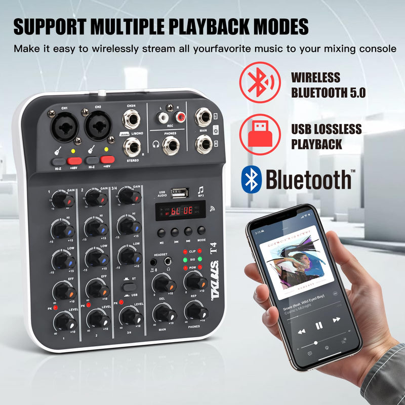 [AUSTRALIA] - Professional Audio Mixer, TKLBLS 4-Channel Unpowered Mixing Console with USB/Bluetooth Playback, 48V Phantom Power, REC Output, MP3 Player, Digital Delay Effects, for Streaming, Studio, Karaoke T4 