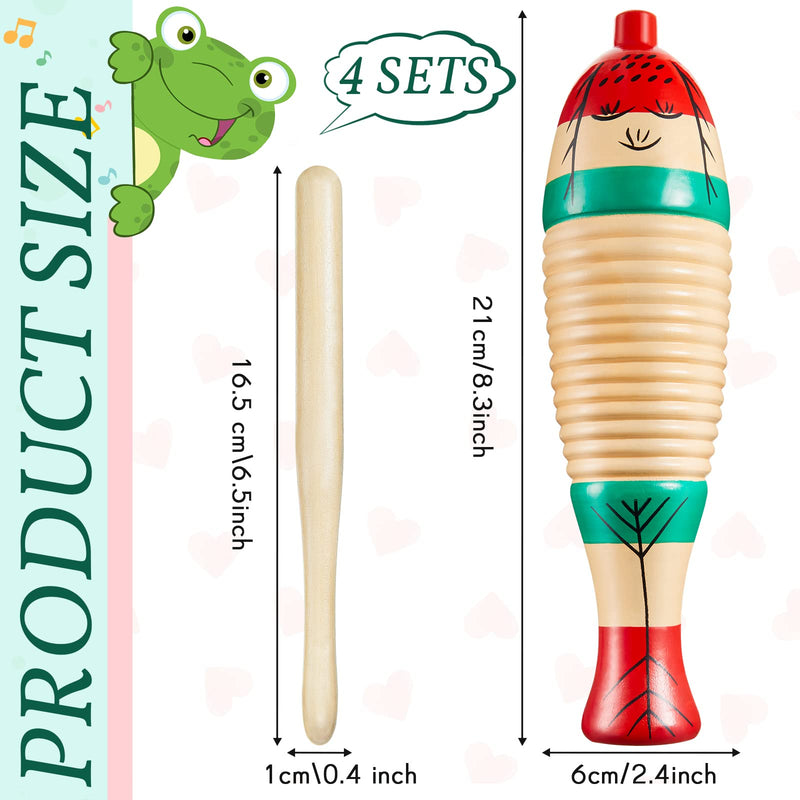[AUSTRALIA] - 4 Pcs Christmas Fish Shaped Guiro Instrument 8.3 Inch Wood Latin Percussion Musical Instrument Colorful with Rhythm Sticks for Adults Xmas Gifts 