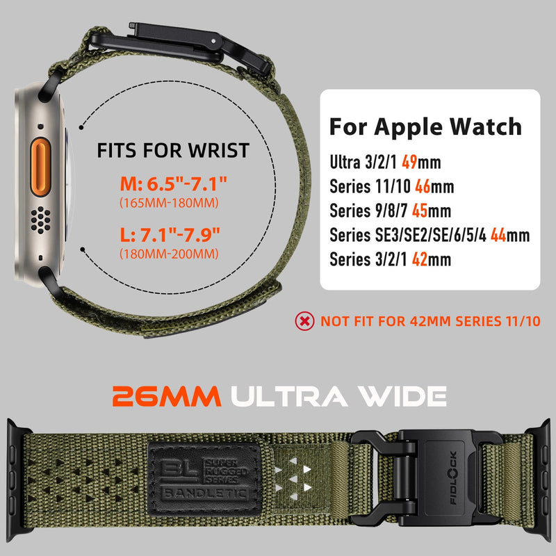 Bandletic Nylon Band Compatible with Apple Watch Ultra 3 2 49mm for Men | Tactical Straps with Magnetic FIDLOCK Hook Buckle for iWatch Series 11/10 46mm, 9/8/7 45mm, SE3/SE2/SE/6/5/4 44mm, 3/2/1 42mm Army Green L 49/46/45/44/42mm(series 3 2 1)