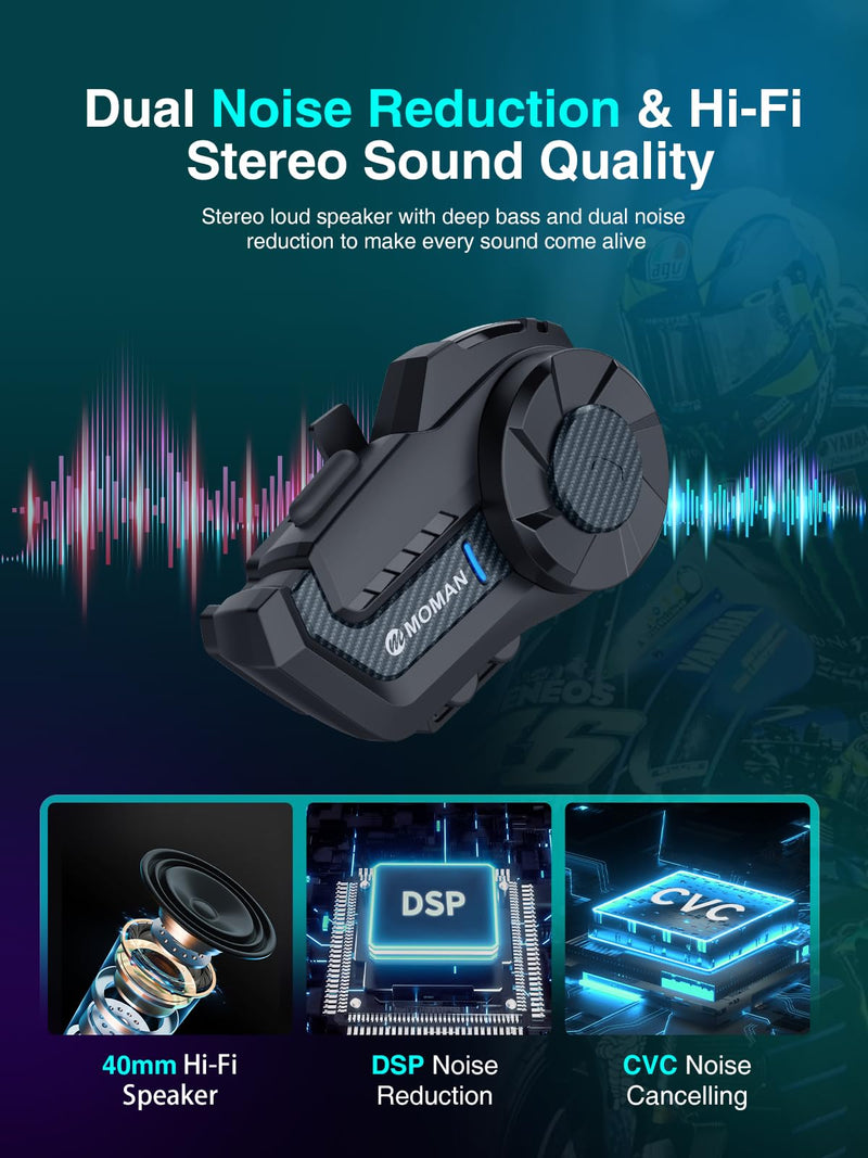 Moman Motorcycle Intercom, 2-Way Intercom Communication Systems(H2Pro 1pcs) | FM Music Sharing, Hi-Fi Stereo, CVC Noise Cancellation, Waterproof BT5.1 Group Helmet Speaker Headset, for Dirt Bike/ATV 1 Pcs