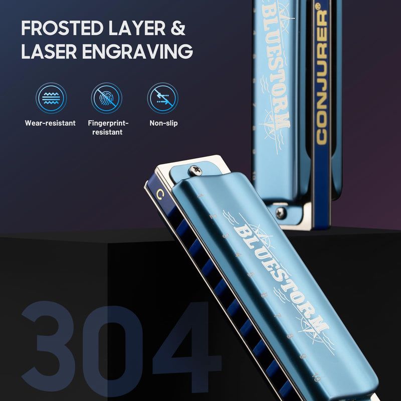 [AUSTRALIA] - CONJURER Blues Harmonica for Adult 10 Hole Diatonic Harmonica in C Key for Beginners Professionals Phosphor Bronze Reeds Brass Deluxe Mouth Organ with Case, Key of C Blue 10-hole blues (Bluestorm) C key Blue (Satin) 