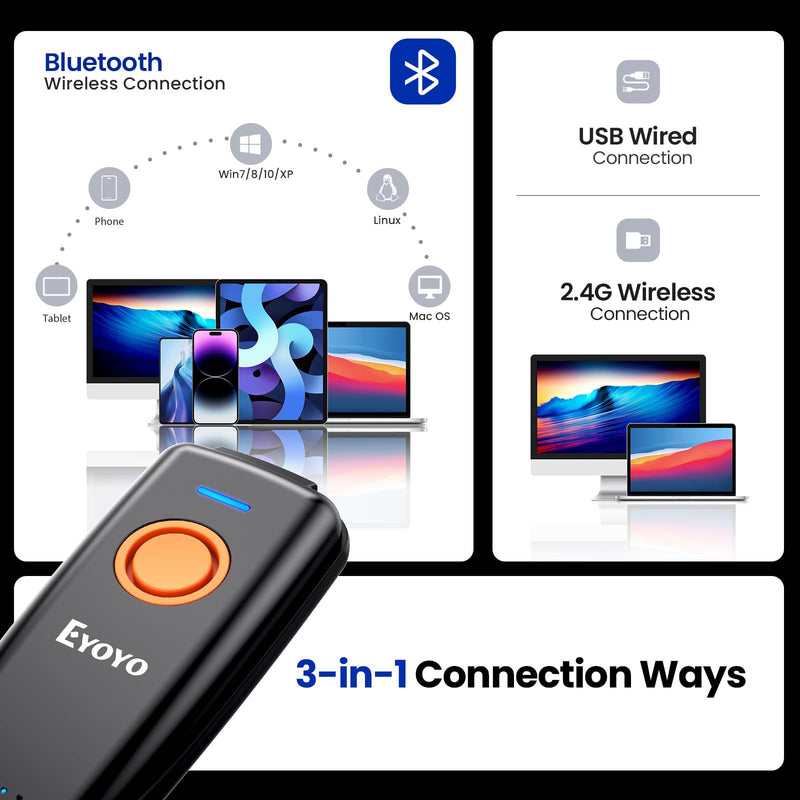 [AUSTRALIA] - Eyoyo Mini Bluetooth Barcode Scanner: 1D Fast & Accurate Scanning, Wireless & USB Wired Bar Code Scanner for Inventory, Portable Barcode Reader Compatible with iPhone iPad Android Tablet POS Computer 
