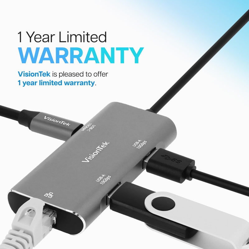 VisionTek USB-C Hub, 3-Port, Gigabit Ethernet Adapter, 10Gbps USB-C & USB-A | Plug and Play, 10Gbps 3-Port USB C Hub, 1x USB-C & 2x USB-A Data Adapter, Driverless Dongle for MacBook, Laptop & PC