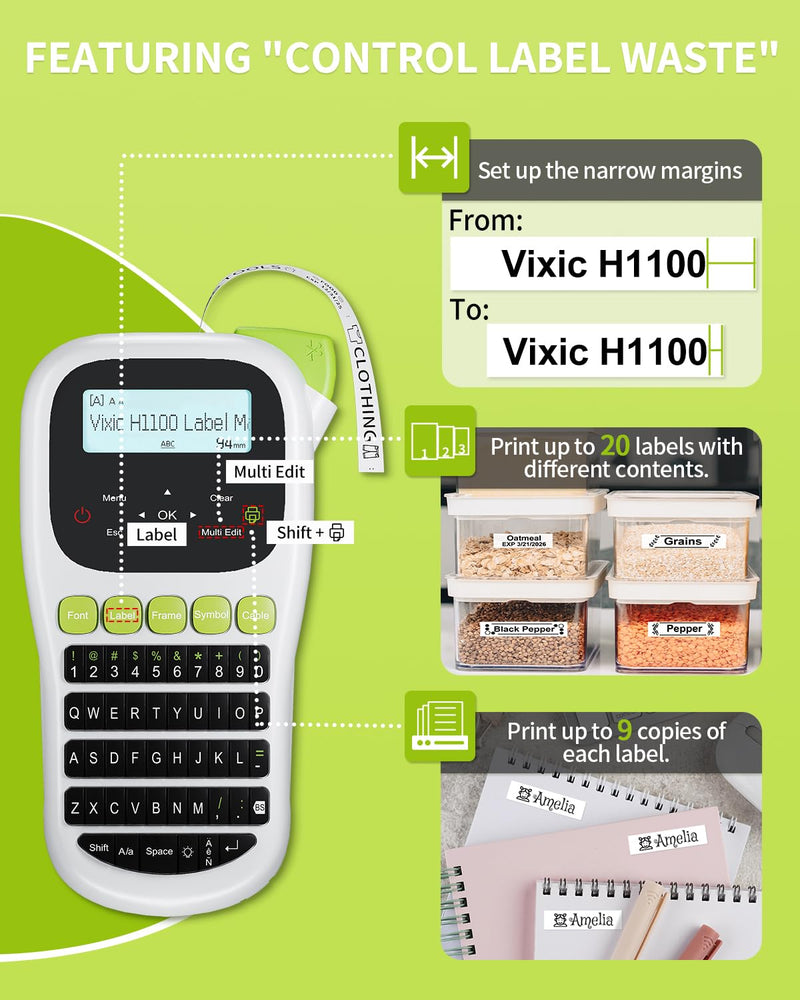 [AUSTRALIA] - Label Maker Machine with-Tape, H1100 Handheld Label Maker Portable Labeler with Backlight Screen Keyboard for Home School Office Organization, Multiple Fonts Symbols Borders Easy to Use Inkless Label Maker with 1 Tape Green 