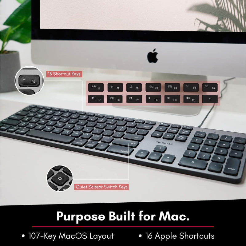 Macally Backlit Mac Keyboard Wired - Quiet, Sleek, and Functional - 3 Brightness Levels, 107 Keys - 5ft USB Wired Apple Keyboard - Backlit Wired Keyboard for Mac, iMac, MacBook Pro/Air - Space Gray