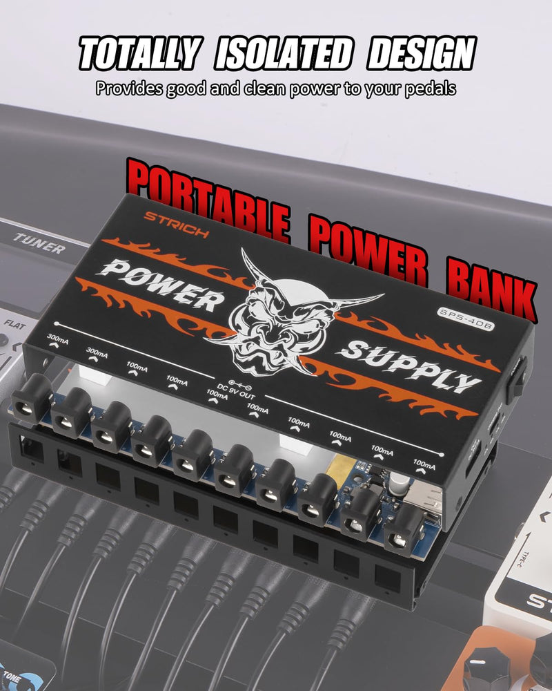 STRICH SPS-40B Pedal Power Supply with Built-in 10000mAh 10 Outputs DC 9V (2x300mA, 8x100mA) Jacks for Guitar Bass Pedals, Rechargeable Battery Guitar Effect Pedal Power, 5V/1A USB Port, Noiselessly