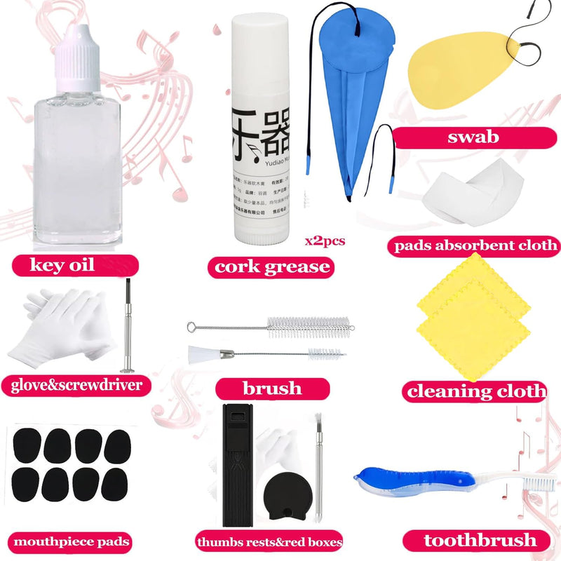 Clarinet Cleaning Kit, Saxophone Cleaning Kit,Clarinet Accessories,Mouthpiece Brush,Dust Brush,Cleaning Cloth,Clarinet Reeds Swabs,Finger Rest,Cork Grease,Pads Absorbent Cloth,Cleaning Care Kit