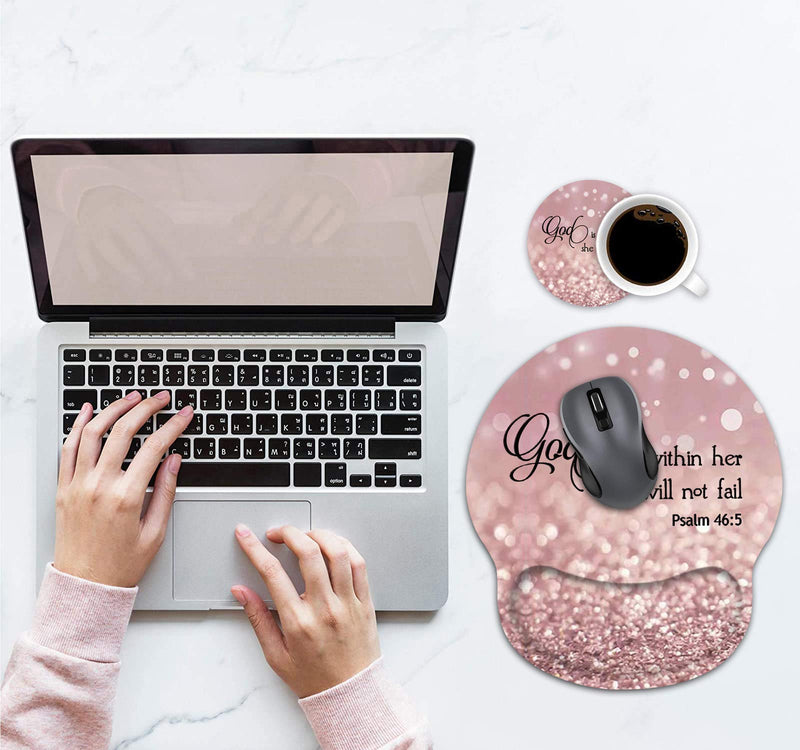 Ergonomic Mouse Pad Wrist Support and Coffee Coaster, Cute Wrist Rest Pad with Non-Slip PU Base for Home Office Working Studying Easy Typing & Pain Relief, Christian Quote Bible Verse Psalm 46:5