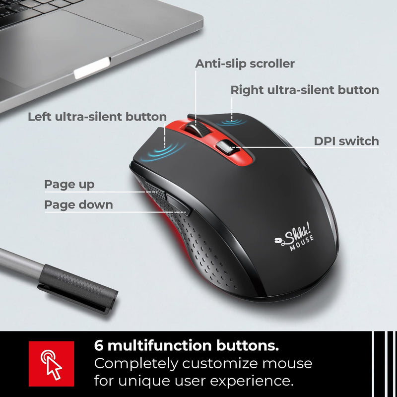 ShhhMouse Silent Wireless Mouse for Laptop - Optical Cordless Computer Mice with USB – Quiet Click, 3 DPI Levels of Sensitivity, Side Buttons - Portable for PC, Chromebook [Black & Red] Black & Red