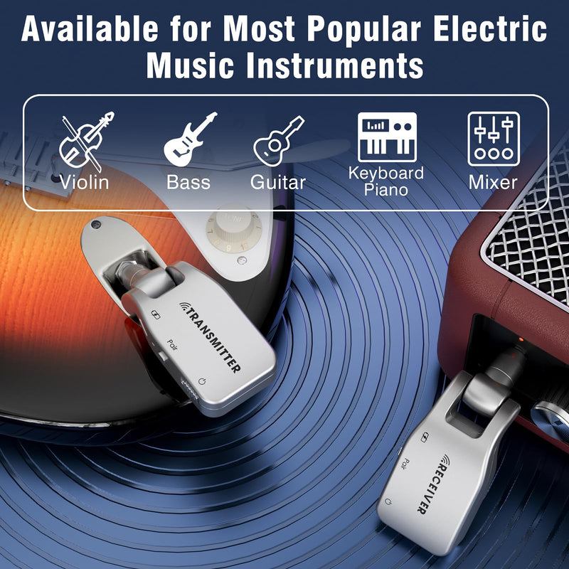 Wireless Guitar System 2.4 GHz with 6 Channels Rechargeable Lithium Battery Transmitter Receiver for Electric Guitar Bass Keyboard Piano