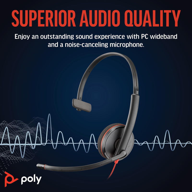 [AUSTRALIA] - Poly Blackwire 3210 Wired Headset (Plantronics) - Noise-Canceling Mic - Single-Ear Design - Connect to PC/Mac via USB-C or USB-A - Works w/Teams, Zoom - Amazon Exclusive 2023 Version - Bulk Packaging 