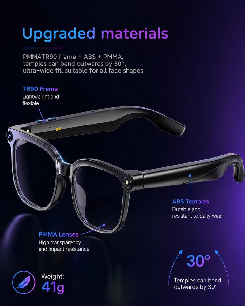 AI Smart Glasses with Camera, 8MP 4K HD Video & Photo Capture, Real-Time Translation, Recording Glasses with AI Assistant, Open-Ear Audio, Object Recognition, for Vlog, Outdoor & Hiking(Clear lens) Clear