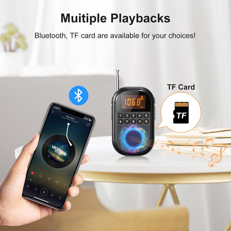 [AUSTRALIA] - Pocket AM FM Radio:1100mAh Rechargeable Radio Supports Bluetooth, Mini FM AM Receiver with Large Speaker, Stereo Earphone, Sleep Timer, Easy to use for Jogging, Walking Black 