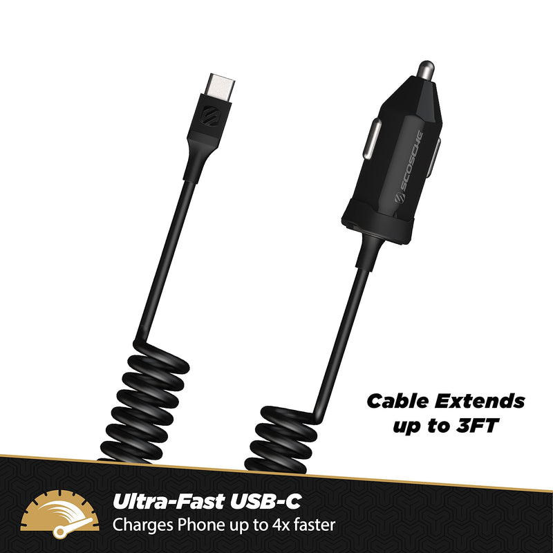 Scosche CPDC203 PowerVolt 20-Watt USB Type-C Power Delivery 3.0 Fast Car Charger with Attached 3-Foot Adjustable Coiled Cable for All USB-C Devices 20W w/ USB-C Cable Single Port