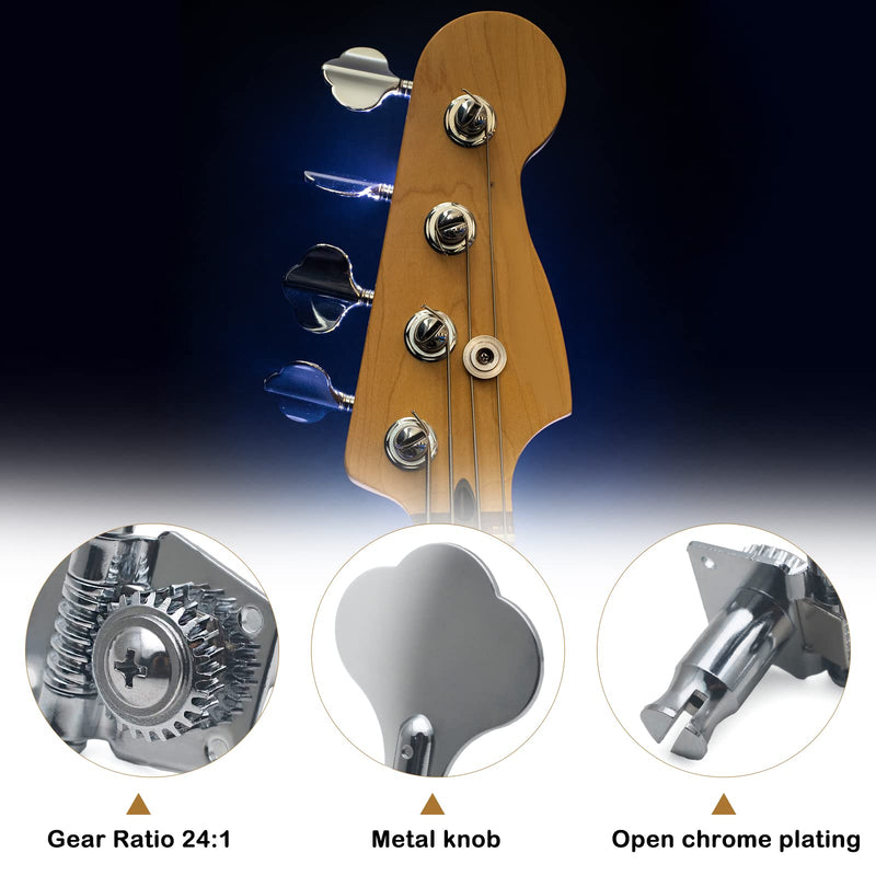 4R Opened Electric Bass Guitar Tuning Pegs Machine Heads Tuners for Bass for Jazz Precision P Bass Replacement (Chrome) Chrome