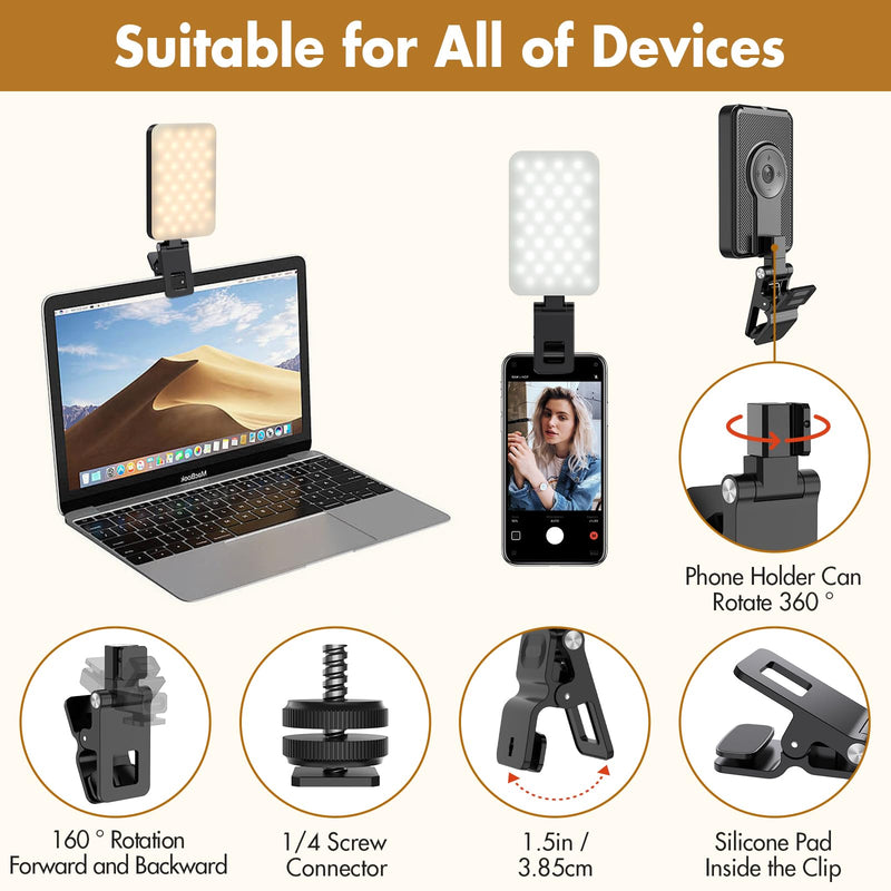 Selfie Light, Long Time Rechargeable Clip Video Light, Upgraded Cell Phone Light, Adjusted 5 Light Modes, Portable LED Light, Selfie Light for Phone, Camera, Laptop, iPad, TikTok, Video Vlog