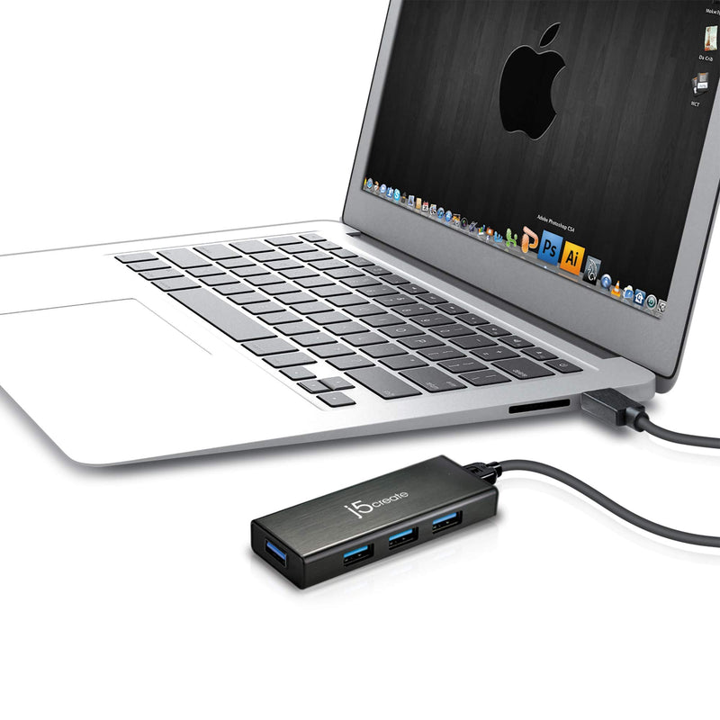 j5create 4-Port Powered USB 3.0 Data Hub with 2 ft Extended Cale [15W Power Adapter Included] for Mac, MacBook, Windows, Laptop, Surface, XPS, PC (JUH340)