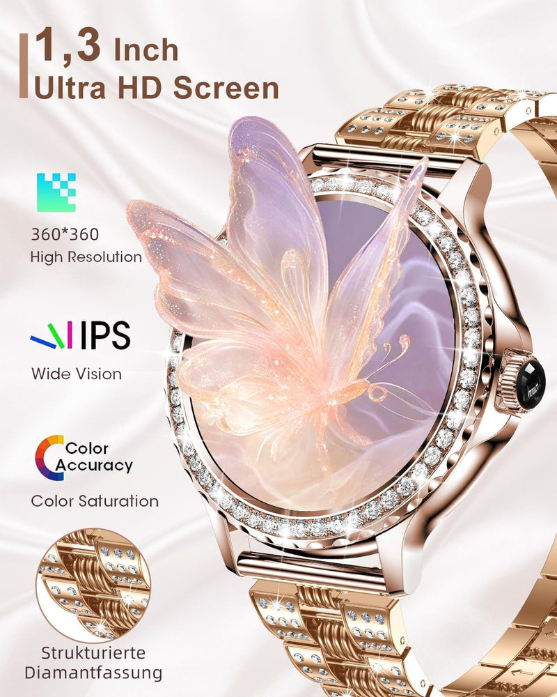 Smart Watches for Women(Make/Answer Call) with Diamond:1.3" Fitness Tracker Watch for HR/Blood Pressure/SpO2/Sleep Monitor,Digital Running Watches for Women Android/iOS, 2 Straps Elegant Rosegold