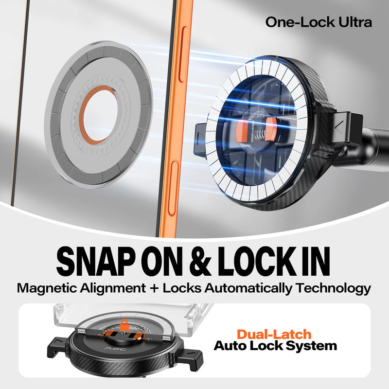 A2C One-Lock Ultra Off-Road Truck Phone Mount Heavy-Duty Phone Holder | Magnetic Alignment with Automatic Dual-Latch Locking System, One-Hand Quick Release, 4.33" Heavy-Duty Vacuum Suction Cup