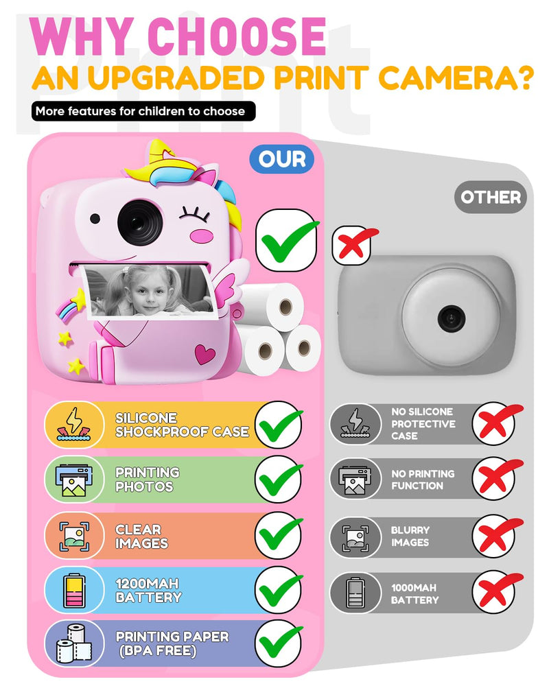 Instant Print Camera for Kids, Christmas Birthday Gifts for 3-8 Year Old Boys Girls, 1080P Kids Digital Camera Toys for Kids Age 3 4 5 6 7 8 with Silicone Cover-Pink Pink