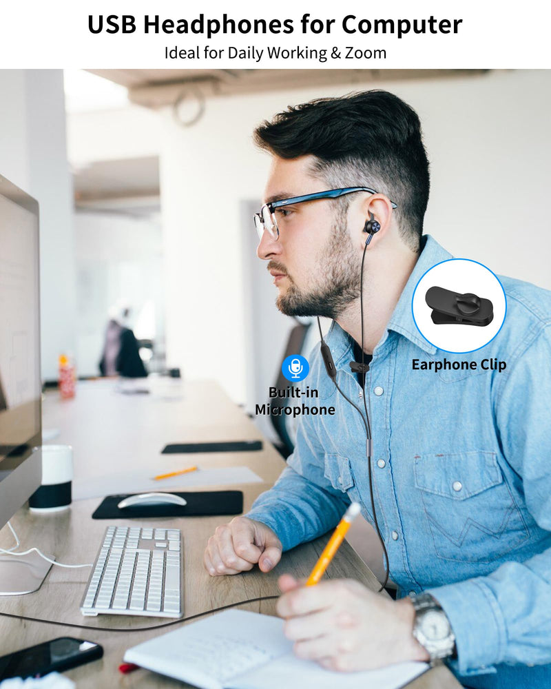 [AUSTRALIA] - USB Earbuds with Microphone for PC Laptop,Wired USB A Headphones with Mic& Earfins Hook for Computer Office Work,7.5ft Noise Canceling Stereo Computer Headset for Dell/HP/Chromebook Game School,Black Black Blue 