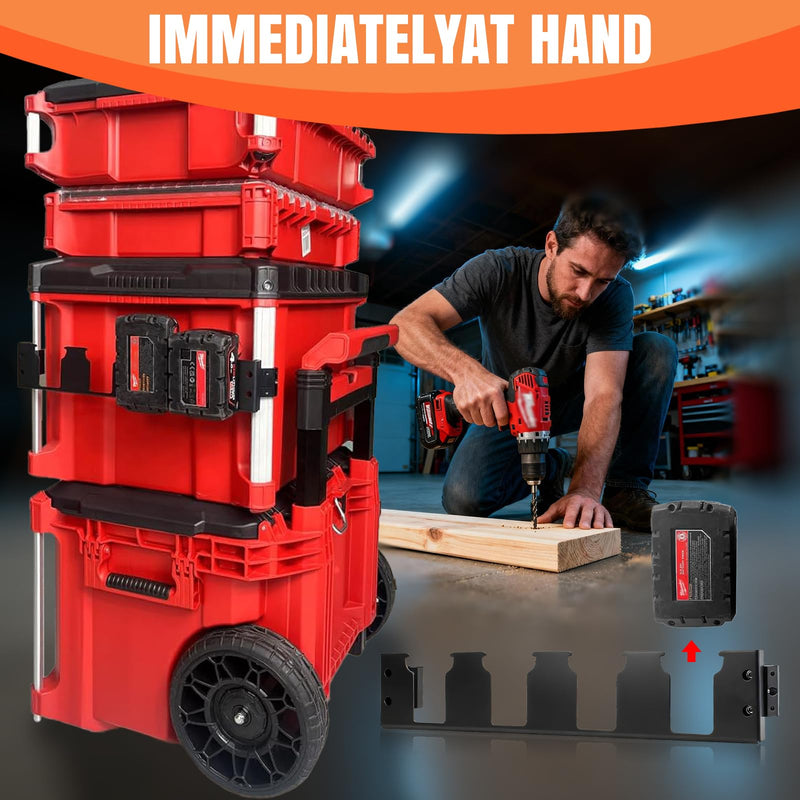 Milwaukee Packout M18 Battery Holder – 4-Slot Side-Mount Storage Compatible with Milwaukee M18 Battery，Tool-Free Installation