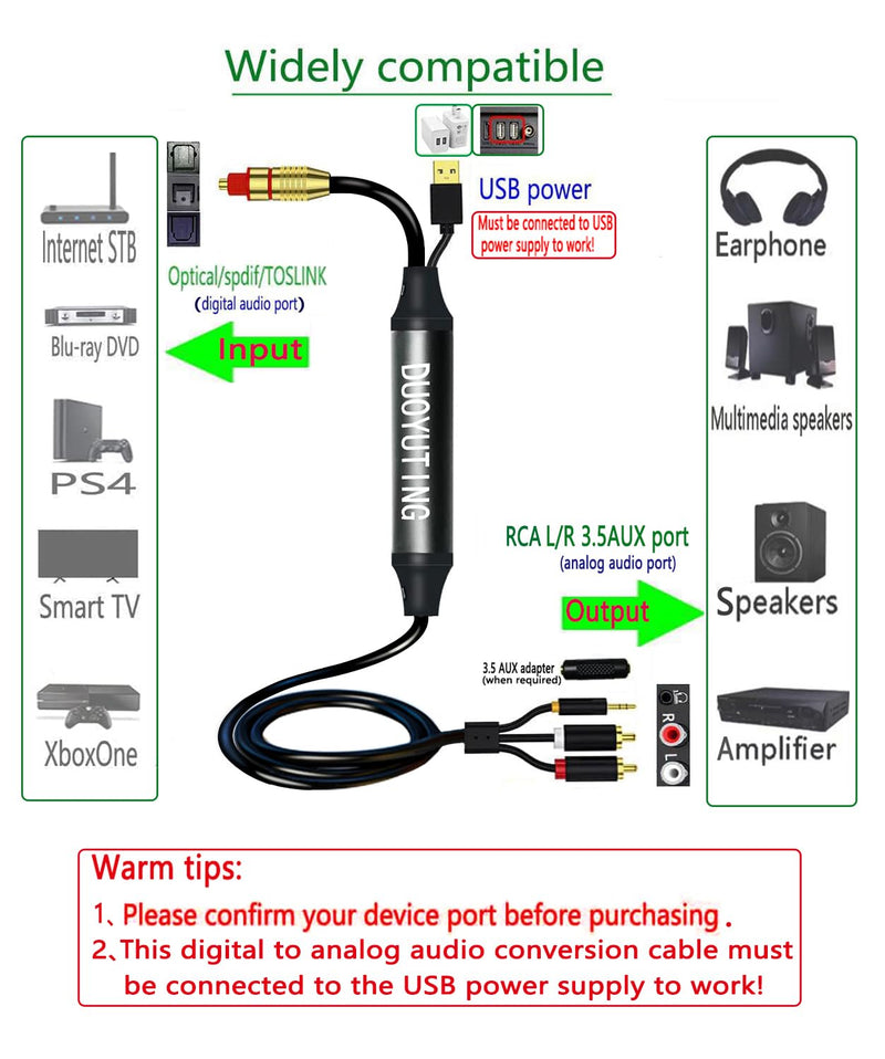 Digital Optical to Analog 3.5mm AUX Audio Cable, Optical to 2 RCA Adapter, All-in-one D/A Audio Converter, for TV/PS4/Xbox/DVD SPDIF/TOSLINK/Optical Port to Sound Box Amplifier Headphones (10ft). 10FT Digital Optical to Analog