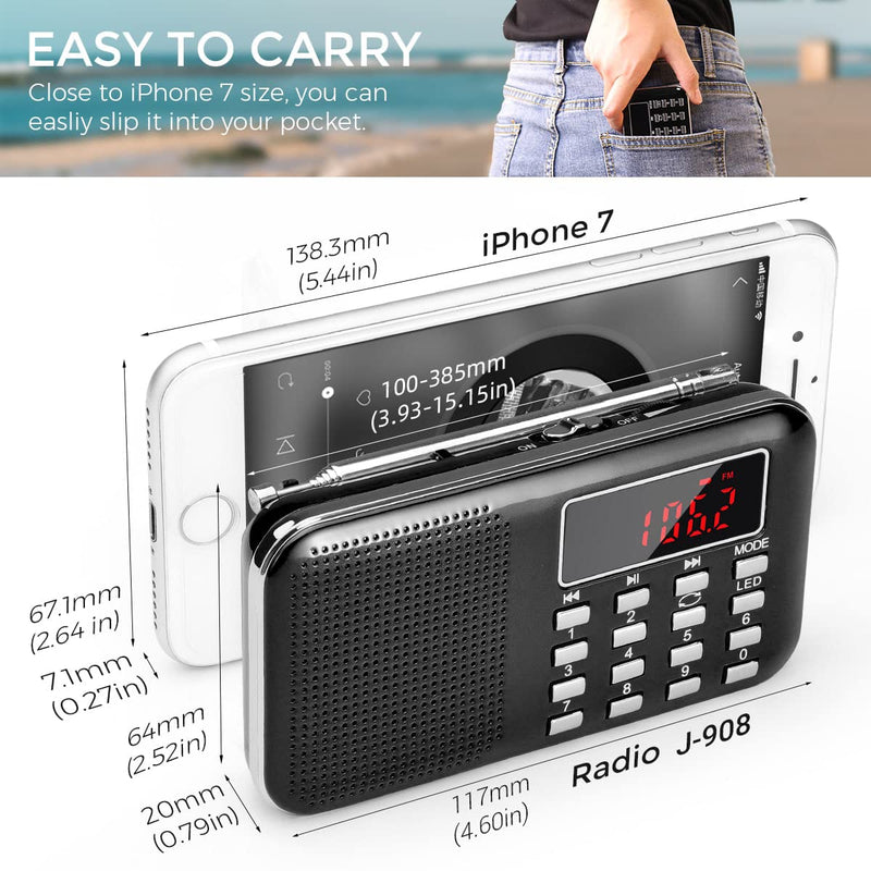 [AUSTRALIA] - PRUNUS Mini Portable Radio AM FM Pocket Radio with MP3, LED Flashlight, Digital Radios Speaker Support Micro SD/TF Card/USB, Auto Scan Save, 1200mAh Rechargeable Battery Operated[Latest Version] Black 