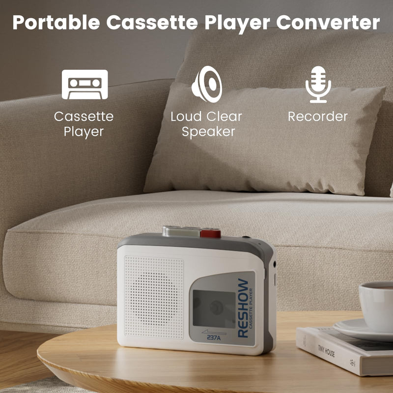 Reshow Cassette Tape Player Portable, Cassette Player Recorder with Built-in Speaker, USB-C Power, for Music Playback, Recording, Students, Travel, Nostalgic Music Lovers (Grey White) Grey White
