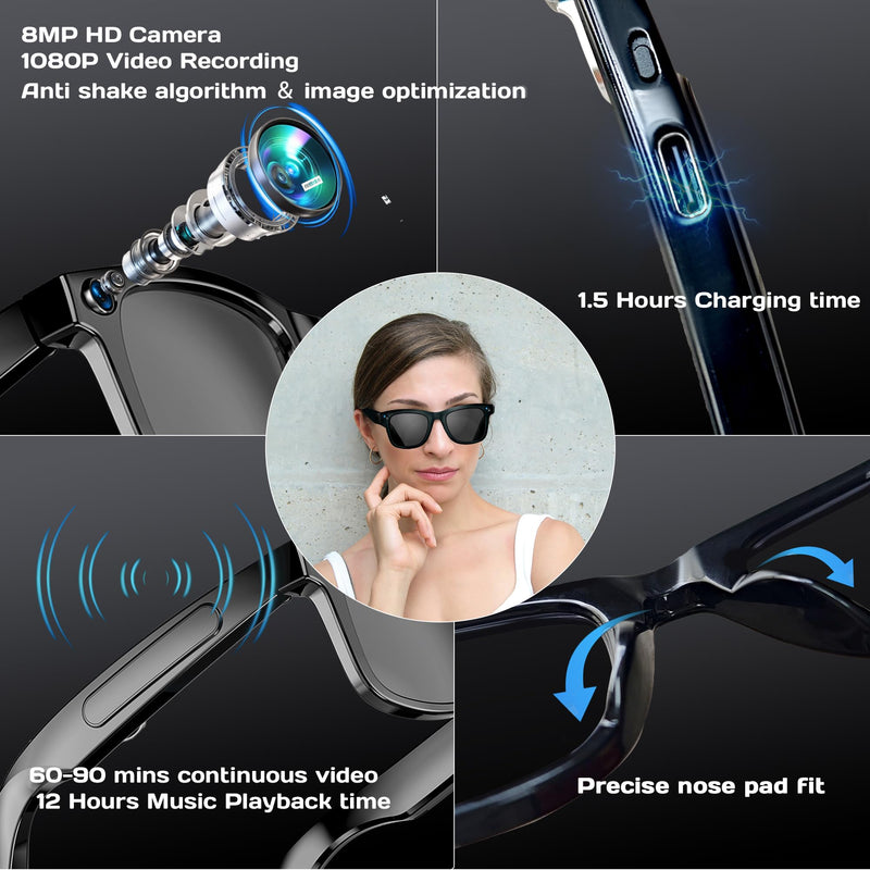 AI Smart Glasses with Camera, 8MP HD Video & Photo Capture for Travel | Video Recording Sunglasses, Open-Ear Audio, RealTime Translation, Interchangeable Blue Light & UV Protection Lenses