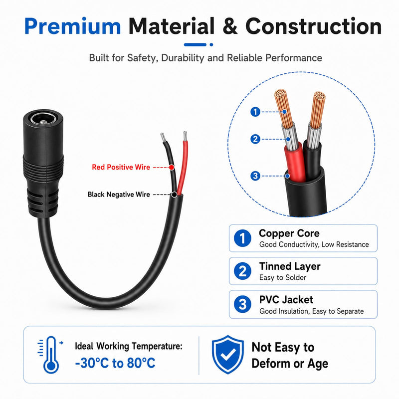 4Pcs 1FT 14AWG 15A 12V DC Power Pigtail Cable, 5.5mm x 2.1mm Male Barrel Plug to Bare Wire Open End Repair Cable for CCTV Security Camera DVR LED Strip Light