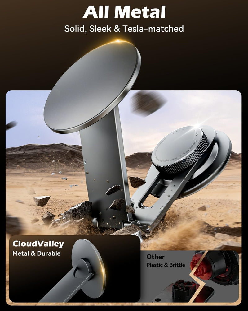 Tesla Model 3/Y Phone Mount, Magnetic Car Metal Holder with Strong Magnet | 【Foldable & Extendable Hidden Design】Tesla Screen Stand for 3/Y/S/X/Cybertruck, Designed for MagSafe iPhone