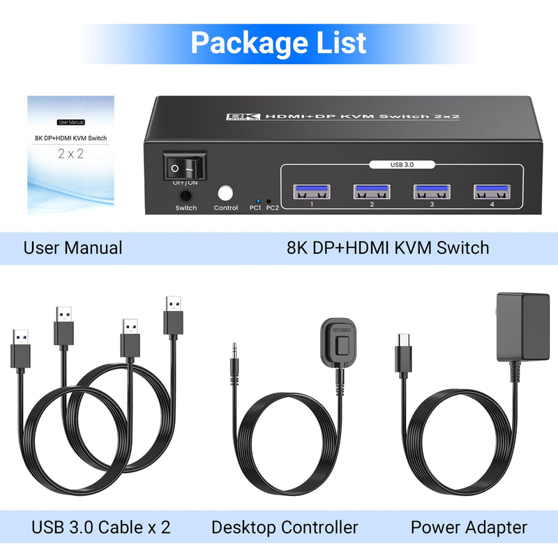 8K60Hz 4K120Hz HDMI + Displayport KVM Switch 2 Monitors 2 Computers, USB 3.0 HDMI DP 2 Port Dual Monitor KVM Switch for 2 PCs Share 1 Set of Keyboard, Mouse and 2 Monitors