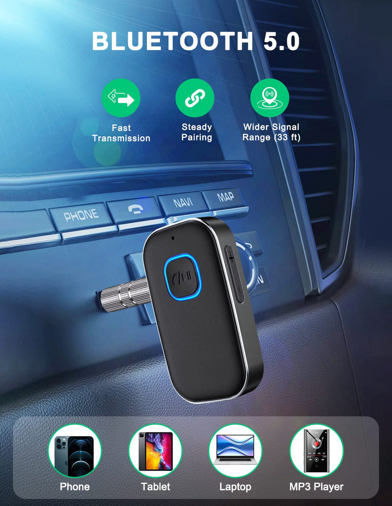 COMSOON Bluetooth AUX Adapter for Car, Noise Reduction Bluetooth Receiver for Music/Hands-Free Calls, Wireless Audio Receiver for Home Stereo/Speaker, 16H Battery Life/Dual Connect (All Black) All Black