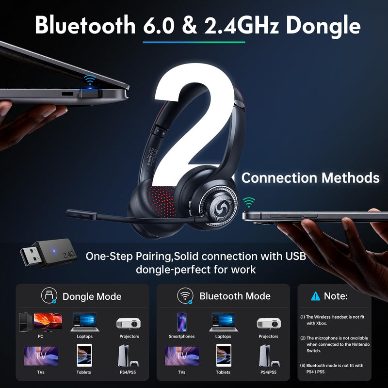 [AUSTRALIA] - Wireless Headset with Mic for Work, Dual-Mode Connectivity, Stable 50+ Playtime& 2.4GHz Dongle Fit for PC/ PS4/ PS5/ Cell Phones, Bluetooth Headset for Work- Call Center/Teams- Black 
