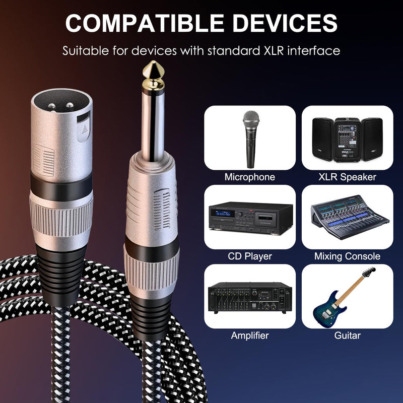 XLR Male to 1/4 Inch TS Cables 10 FT/2Pack, Nylong Braided XLR 3 Pin Male to Quarter inch 6.35mm TS Unbalanced Interconnect Wire Mic Cord (Pure Copper Conductors) 2 10FT