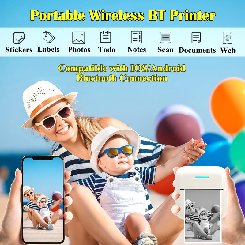 Mini Portable Printer, Inkless Sticker Printer with 12 Rolls Paper, Mini Thermal Printer for Notes/Photos/Stickers/Labels/Receipts, Pocket Printer for iPhone, Android Phone & Tablet, White