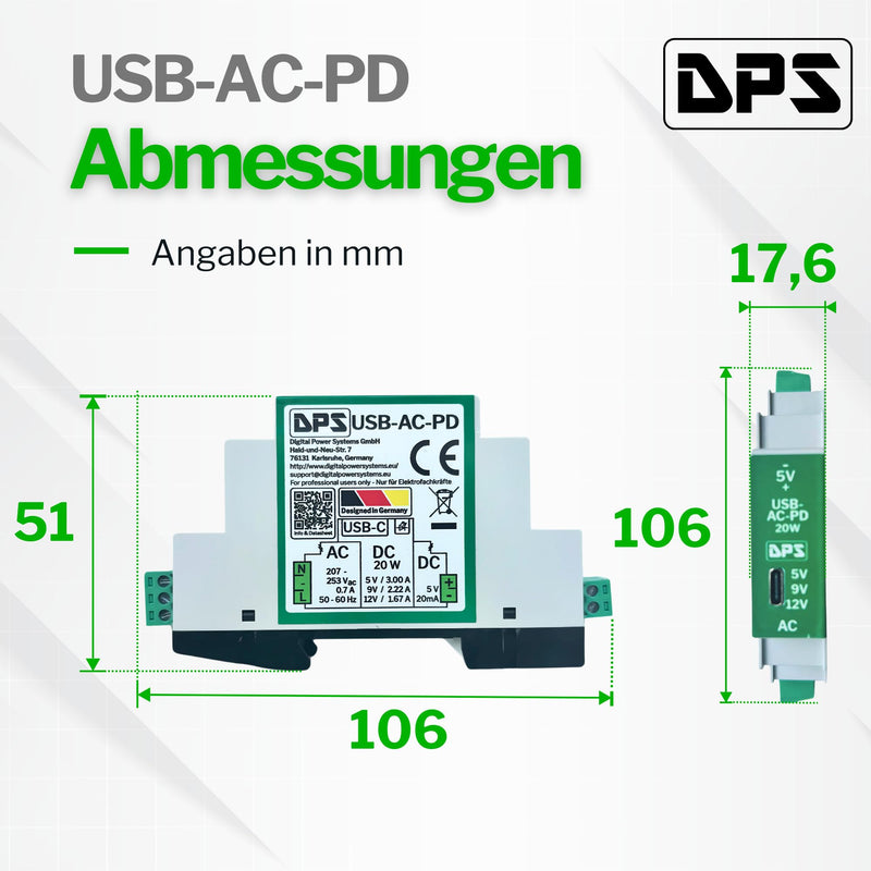 DPS DIN Rail Power Supply USB-C 230V AC, 20W Power Delivery - 5V/9V/12V - with Short Circuit & Surge Protection - Industrial Quality USB-C-AC-PD